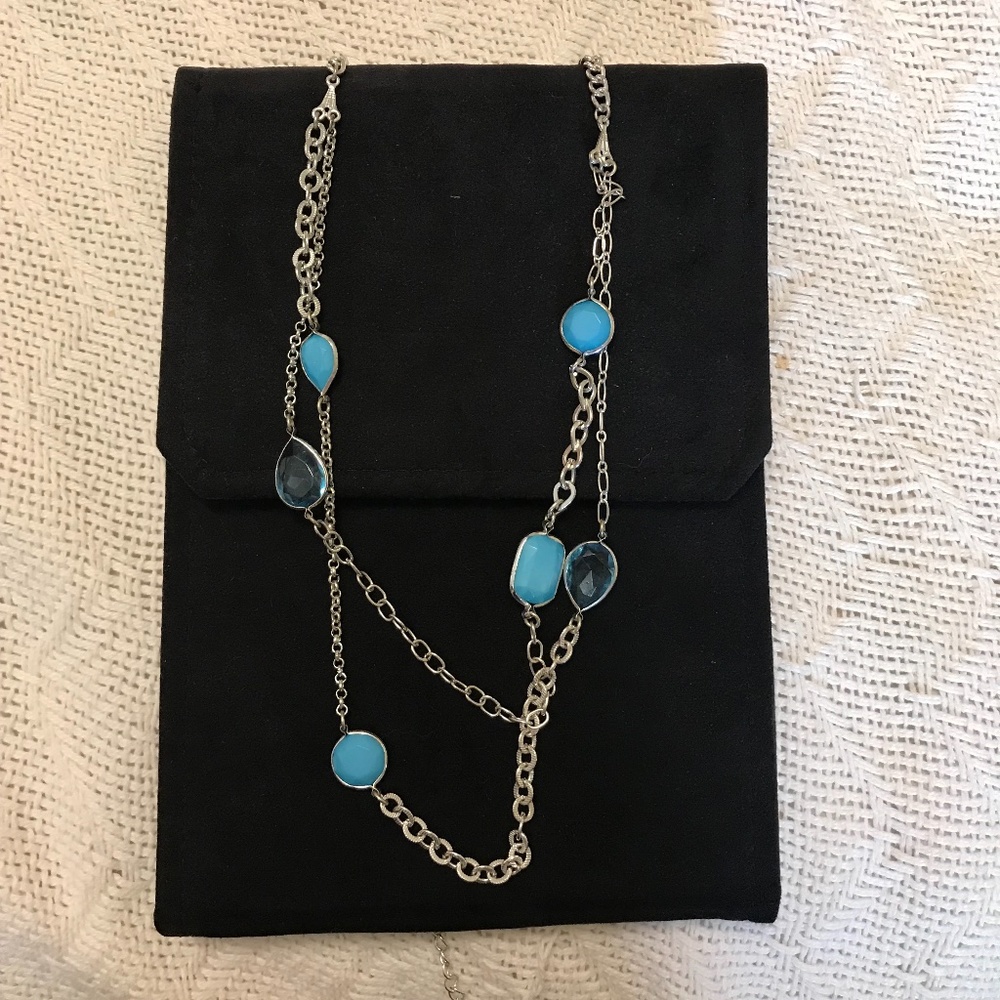 Long Length Silver Tone and Blue Stone Necklace - statement piece